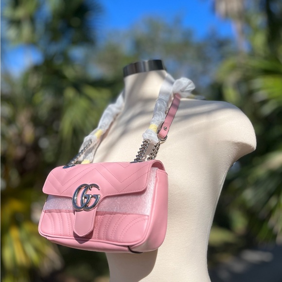 Gucci Pink Mini Marmont Purse Bag 446744 Logo Silver Hardware Leather Heart - Picture 4 of 17